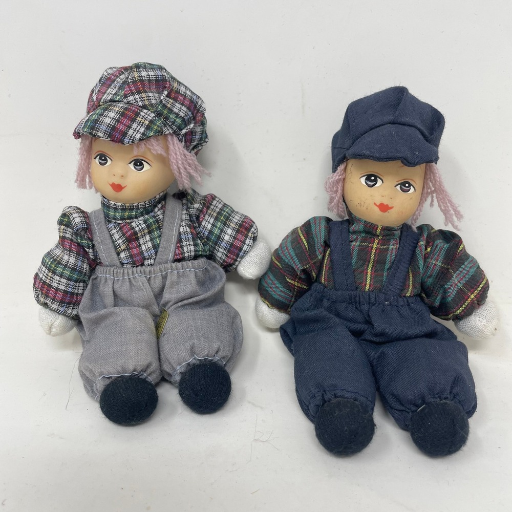 Vintage Farrah International Soft Body Dolls Plaid Overalls Newsboy Cap Set of 2